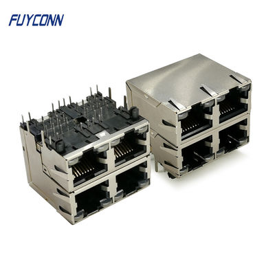 2x2 4 Ports PCB 32 Pin RJ45 Connector Dengan Lampu LED Kuning Hijau