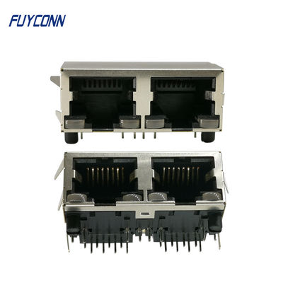 2 Port 16 Pin PCB Sudut Kanan Konektor RJ45 Wanita Dengan Isolator PBT